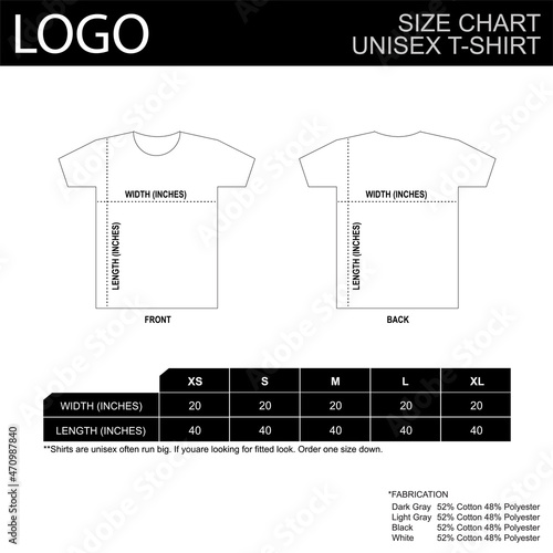 T-shirts size guide of unisex short sleeve sizing chart Table size Front and back views Vector illustration.
