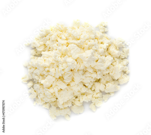 Pile of delicious fresh cottage cheese on white background, top view