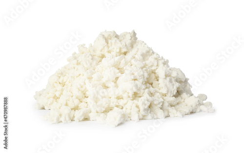 Pile of delicious fresh cottage cheese on white background