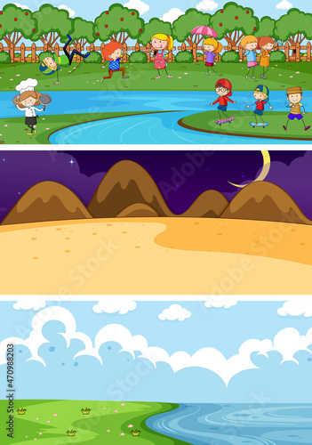 Set of different horizontal scenes background with doodle kids cartoon character