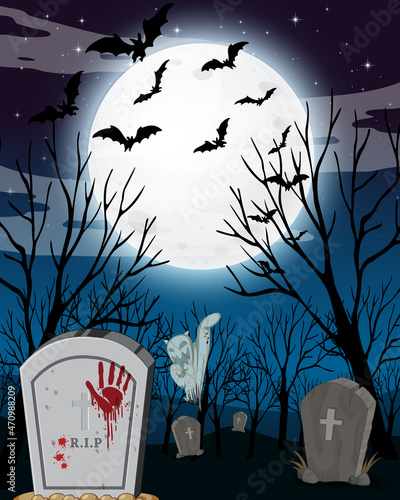 Forest cemetery at night with full moon