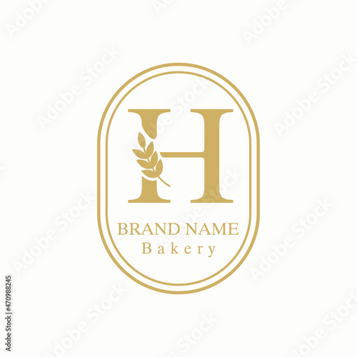 Initial H Letter with Wheat Grain for Bakery, Bread, Cake, Cafe, Pastry, Healthy Food, Cafetarian, Home Industries Business Logo Vector Idea 