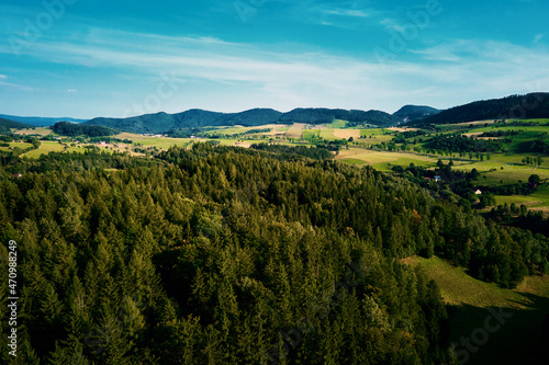 Beautiful landscape with mountains covered with forest and agricultural fields, aerial view.