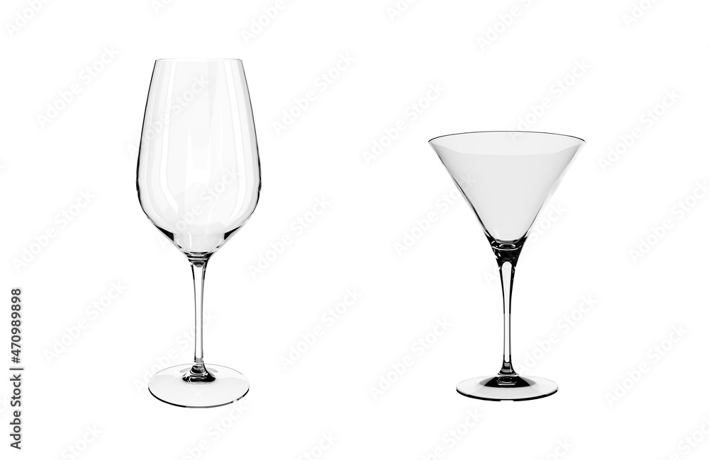 Empty Luxury Cocktail and Wine Glasses Isolated on White Background. 3D Illustration. Empty Luxury Cocktail and Wine Glasses Isolated on White Background. 3D Illustration.