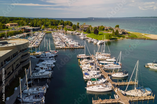 Aerial view of Traverse city marina in Michigan with several boats docked photo