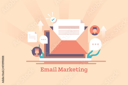 Cartoon style concept of Email marketing, newsletter campaign, modern business strategy, digital communication technology, web banner template.