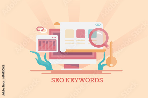 SEO keyword research improve search engine ranking, keyword competition analysis, branded keyword promotion, keyword tool online concept. Web banner template for presentation.