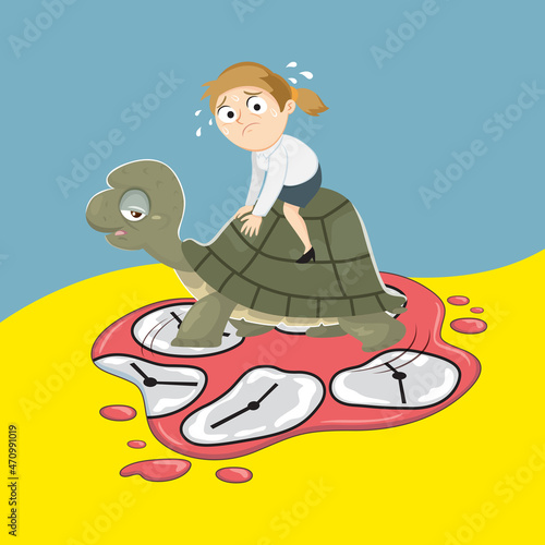 Businesswoman Character Cartoon Riding Huge Turtle,  Slow Movement to Success, Illustration vector cartoon