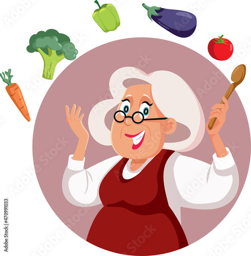 Happy Grandma Cooking with Fresh Ingredients Vector Cartoon
