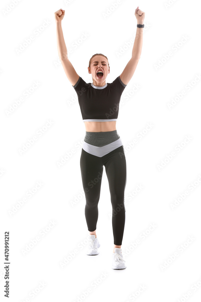 Happy female runner on white background