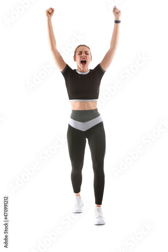 Happy female runner on whit...