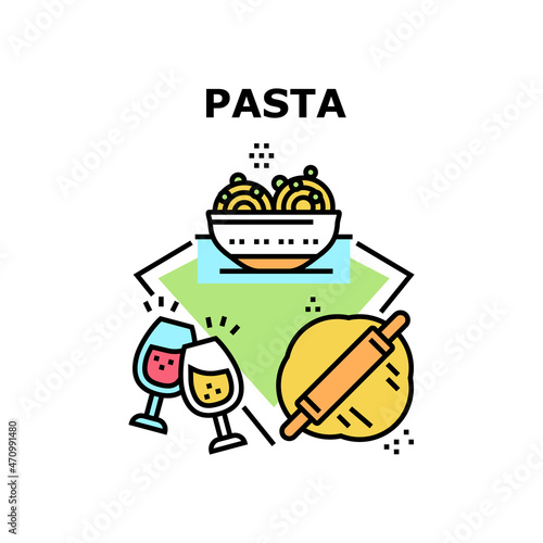 Pasta Tasty Dish Vector Icon Concept. Prepare Dough For Cooking Homemade Pasta Tasty Dish. Cooked Italian Traditional Meal And Natural Wine Alcoholic Drink. Nutrition Color Illustration