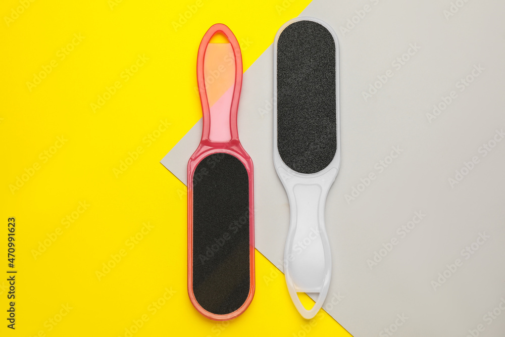 Foot files on color background, flat lay. Pedicure tools Foot files on color background, flat lay. Pedicure tools