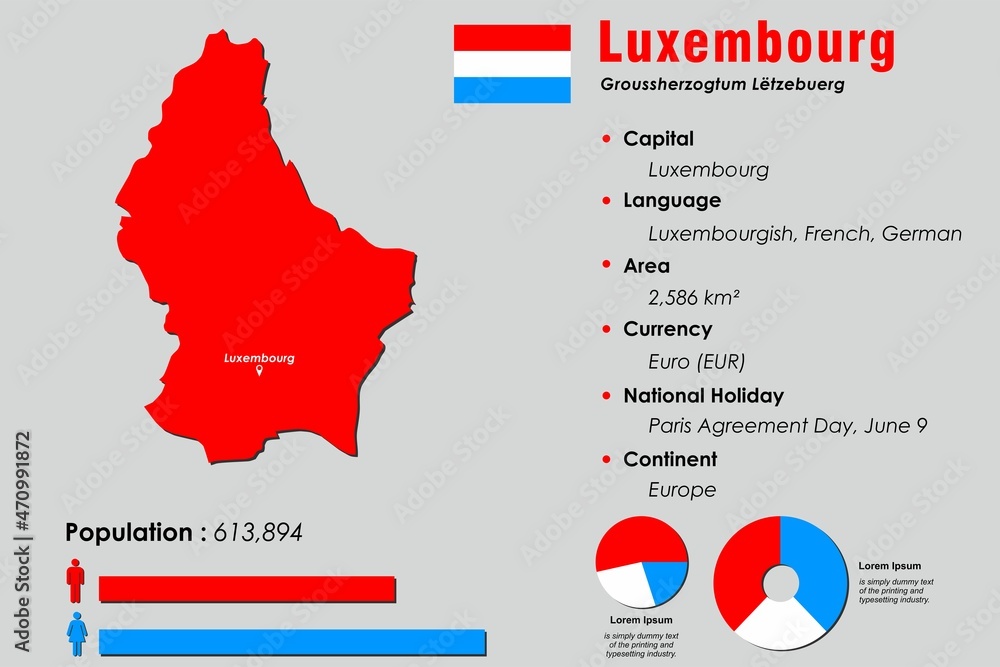 Luxembourg infographic vector illustration complemented with accurate statistical data. Luxembourg country information map board and Luxembourg flat flag