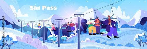 people sitting on chairlifts ski resort cableway in snowy mountains christmas new year holidays celebration winter vacation
