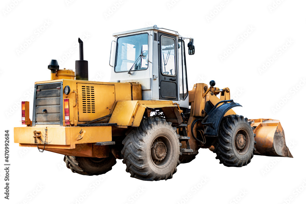Heavy front loader on a white isolated background. Construction machinery. Transportation and movement of bulk materials.
