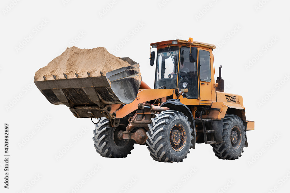 Heavy front loader on a white isolated background. Construction machinery. Transportation and movement of bulk materials.