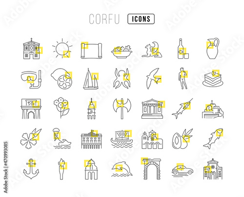 Set of linear icons of Corfu