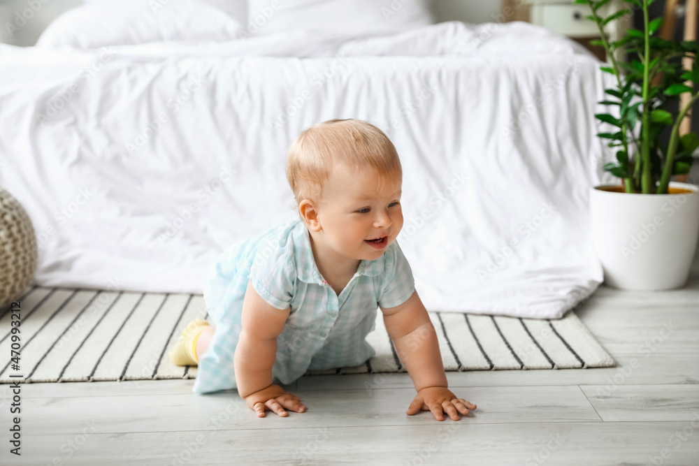 Cute baby girl crawling in bedroom Cute baby girl crawling in bedroom