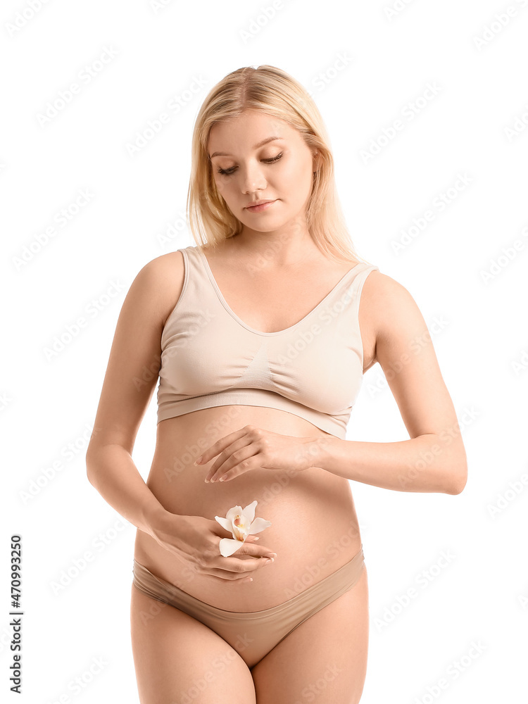 Beautiful pregnant woman with orchid flower on white background Beautiful pregnant woman with orchid flower on white background