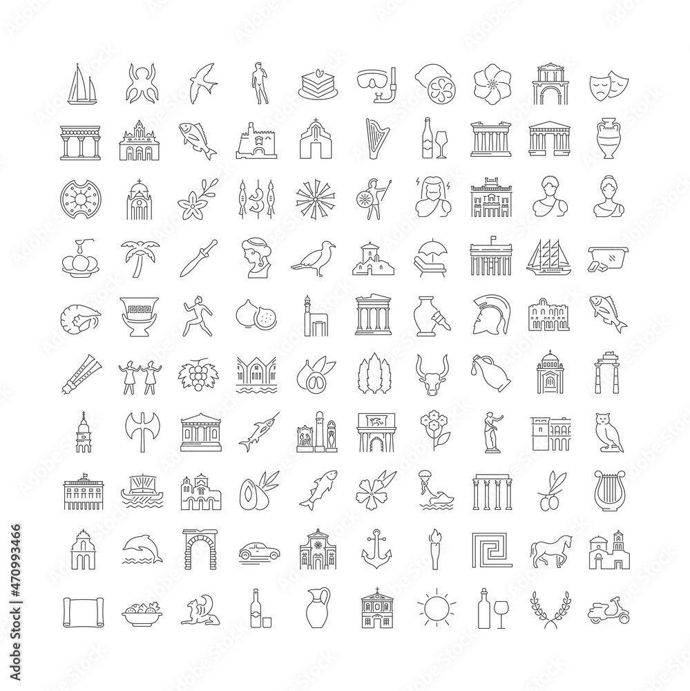 Set of linear icons of Greece Set of linear icons of Greece