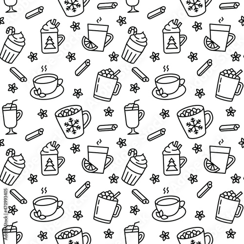 Seamless vector pattern with Winter drinks. Tea, cocoa with marshmallows, winter warming drinks. For fabric, paper, wrap, textile, poster, scrapbooking, wallpaper or background, for web site or mobile