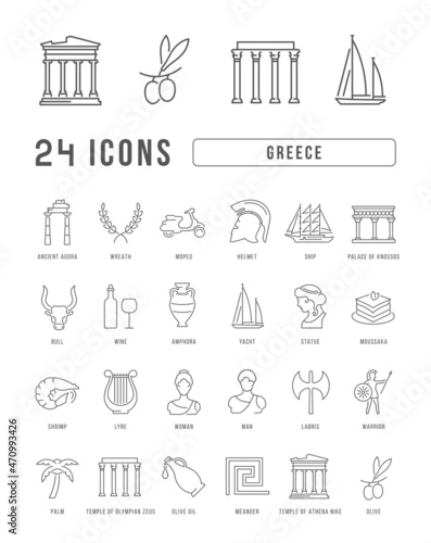 Set of linear icons of Greece