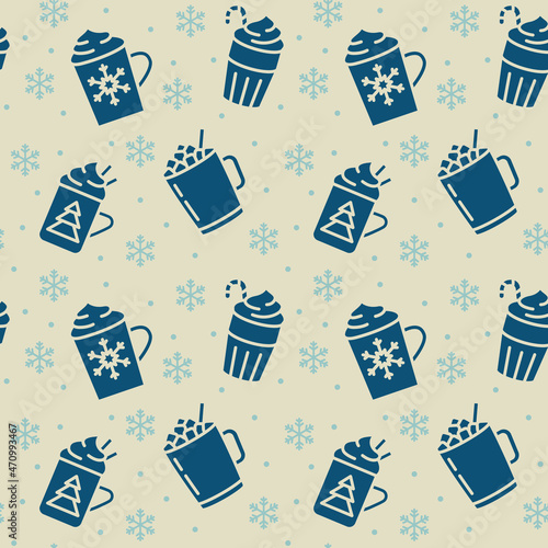 Seamless vector pattern with Winter drinks. Tea, cocoa with marshmallows, winter warming drinks. For fabric, paper, wrap, textile, poster, scrapbooking, wallpaper or background, for web site or mobile