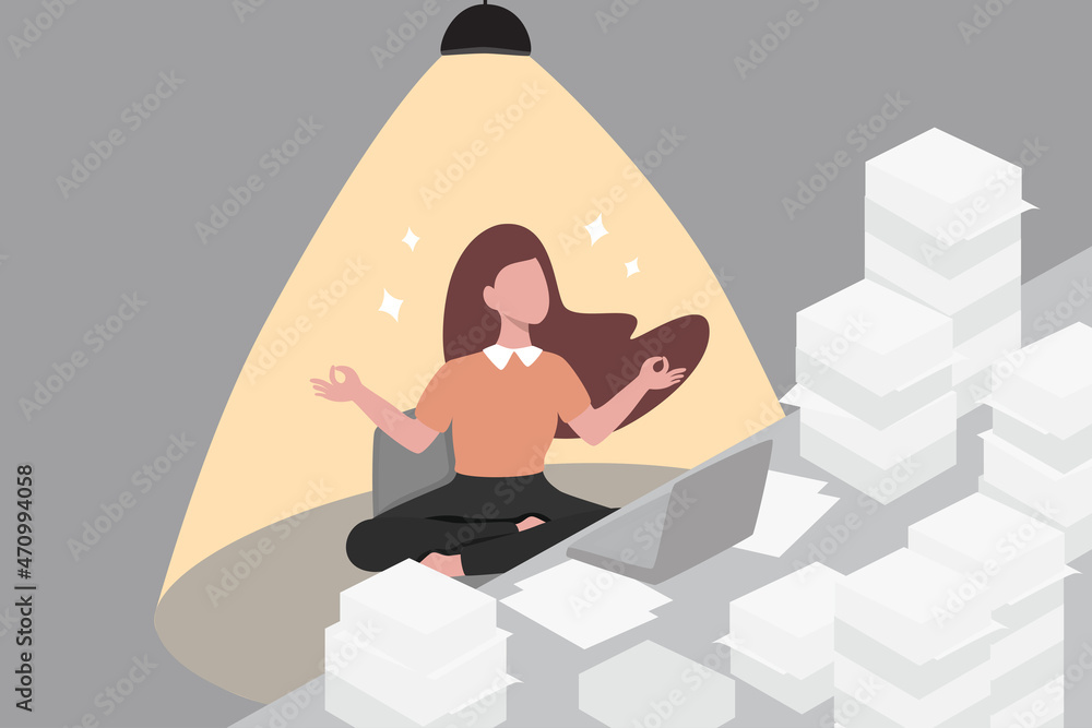 Stress Management effectively control anxiety for happier, healthier, productive, balance life and work, resilience under pressure and challenge, relaxed woman meditate at office to reduce stress Stress Management effectively control anxiety for happier, healthier, productive, balance life and work, resilience under pressure and challenge, relaxed woman meditate at office to reduce stress