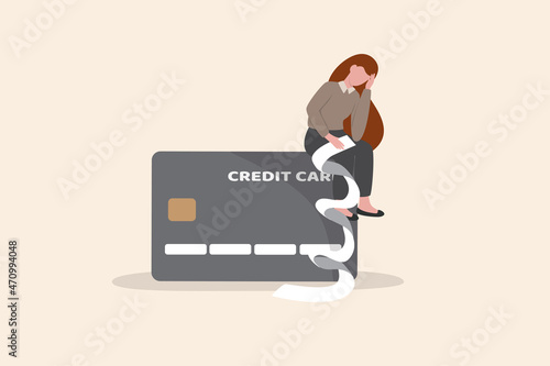 Credit card debt problem, overspend or shopping trouble, consumerism or buying addicted causing financial problem concept, hopeless woman sitting with long list overdue bills on credit card.