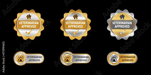 Veterinarian Approved Label, Stamp, Badge, or Logo. With paw and check symbol. On platinum, gold, and silver colors. Premium and luxury emblem vector