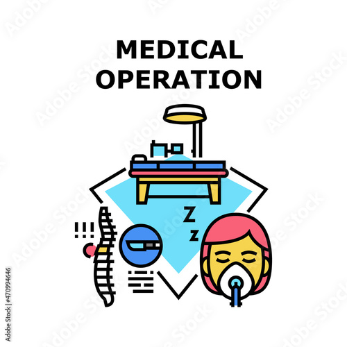 Medical Operation Treat Vector Icon Concept. Patient With Anesthesia On Medical Operation Treat In Hospital Surgical Room For Remove Herniated Disc. Surgery Care Color Illustration