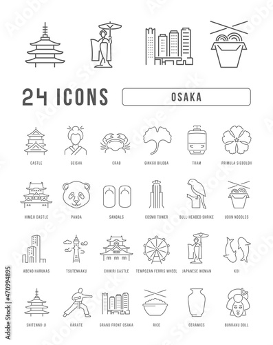 Set of linear icons of Osaka