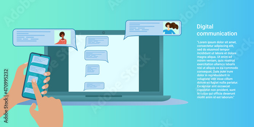 Digital communication.People use social networks and messengers.The concept of using digital technologies..Poster in business style.Flat vector illustration.