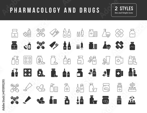 Pharmacology and Drugs. Collection of perfectly simple monochrome icons for web design, app, and the most modern projects. Universal pack of classical signs for category Medicine.