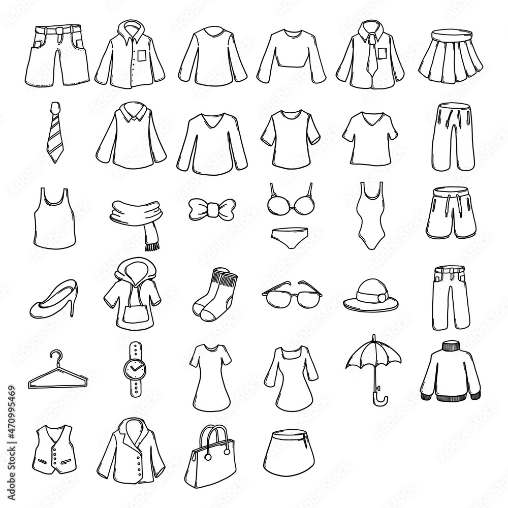 Fototapeta premium Clothes Doodle vector icon set. Drawing sketch illustration hand drawn line eps10