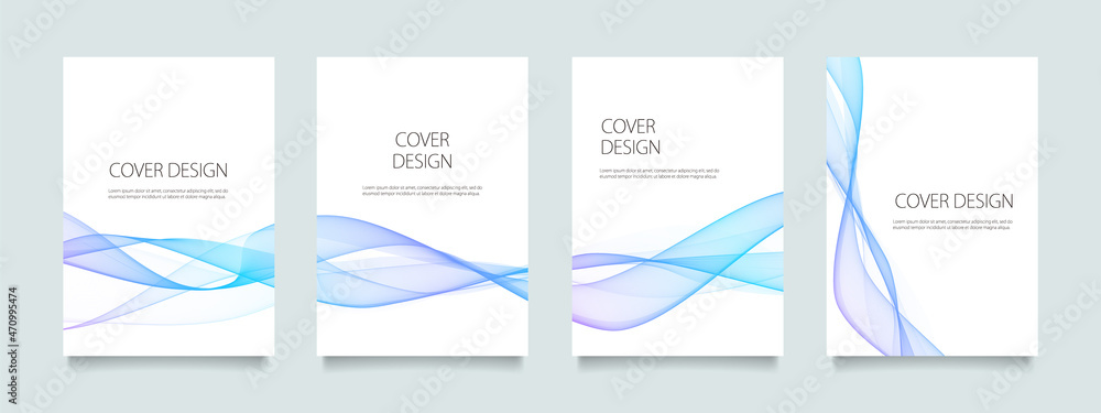 白の背景に青のウェーブラインのベクターカバーデザインセット（イラスト）。ビジネスのパンフレット、カード、ポスターなどの背景として。