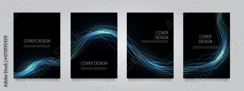 黒の背景に青いウェーブラインのベクターカバーデザインセット（イラスト）。ビジネスのパンフレット、カード、ポスターなどの背景として。