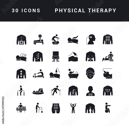Physical Therapy. Collection of perfectly simple monochrome icons for web design, app, and the most modern projects. Universal pack of classical signs for category Medicine.