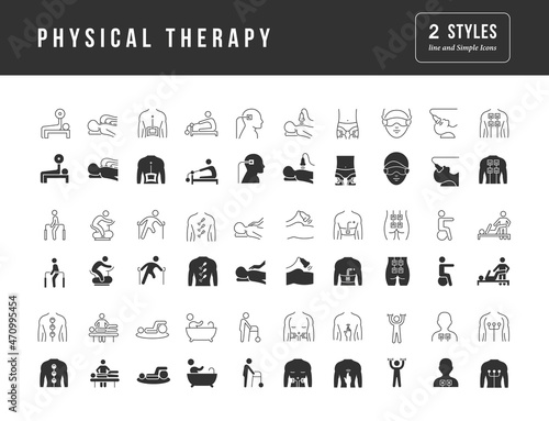 Physical Therapy. Collection of perfectly simple monochrome icons for web design, app, and the most modern projects. Universal pack of classical signs for category Medicine.