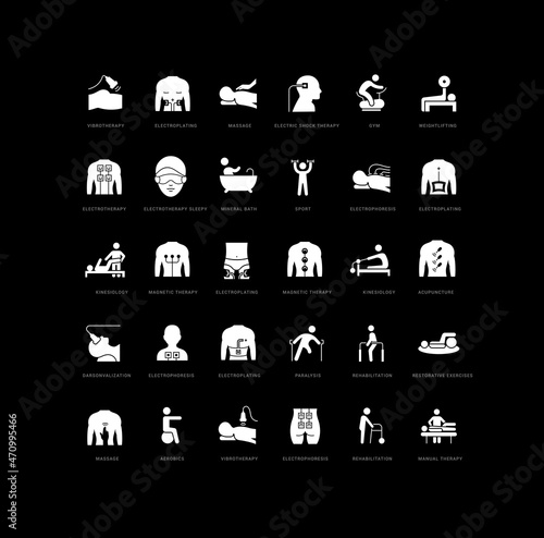 Physical Therapy. Collection of perfectly simple monochrome icons for web design, app, and the most modern projects. Universal pack of classical signs for category Medicine.