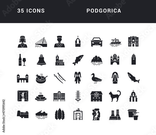 Podgorica. Collection of perfectly simple monochrome icons for web design, app, and the most modern projects. Universal pack of classical signs for category Countries and Cities.