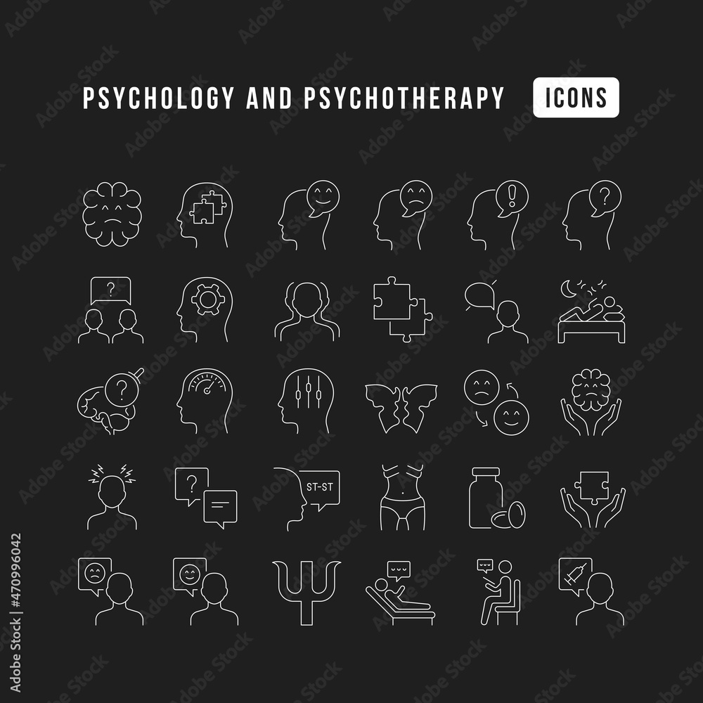 Psychology and Psychotherapy. Collection of perfectly thin icons for web design, app, and the most modern projects. The kit of signs for category Medicine. Psychology and Psychotherapy. Collection of perfectly thin icons for web design, app, and the most modern projects. The kit of signs for category Medicine.