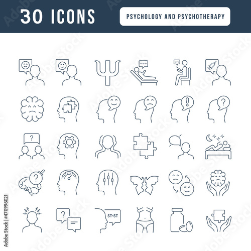 Psychology and Psychotherapy. Collection of perfectly thin icons for web design, app, and the most modern projects. The kit of signs for category Medicine.