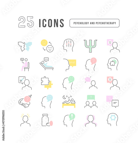 Psychology and Psychotherapy. Collection of perfectly thin icons for web design, app, and the most modern projects. The kit of signs for category Medicine.