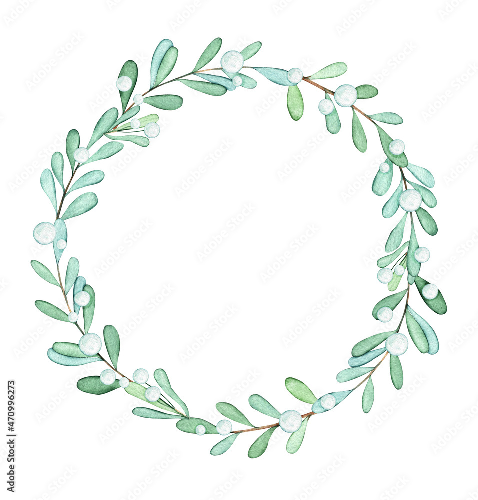 Watercolor white mistletoe wreath isolated on white background