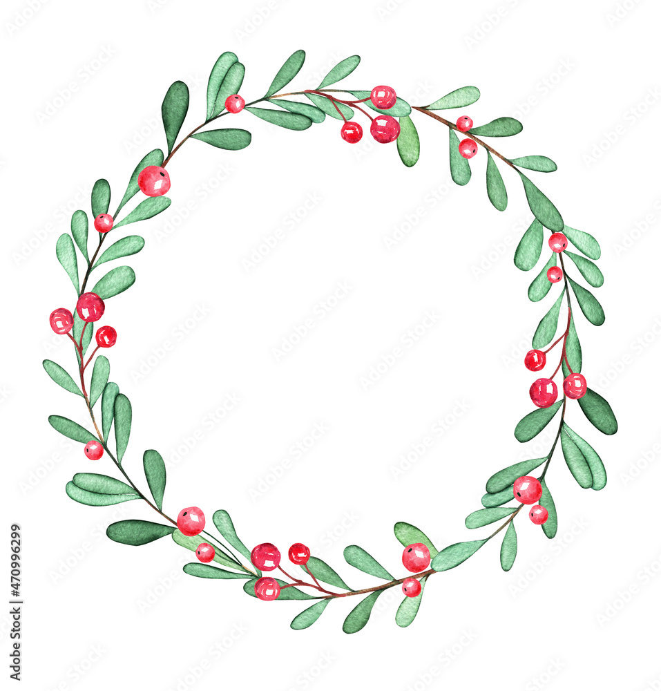 Watercolor mistletoe wreath with red berries isolated on white