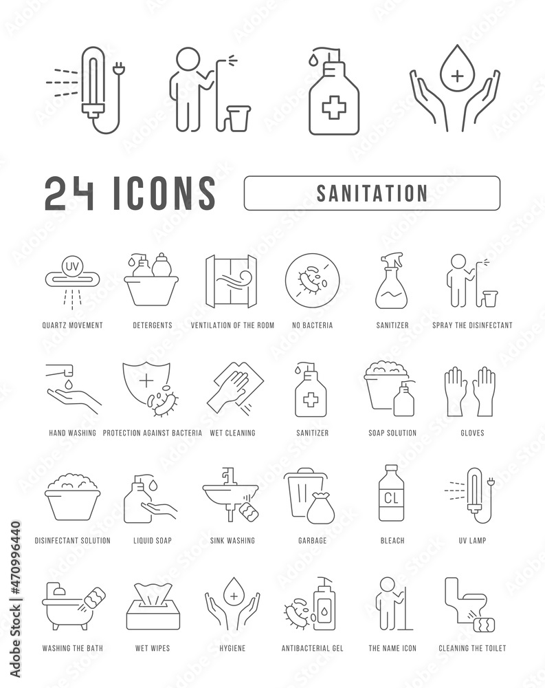 Sanitation. Collection of perfectly thin icons for web design, app, and the most modern projects. The kit of signs for category Medicine. Sanitation. Collection of perfectly thin icons for web design, app, and the most modern projects. The kit of signs for category Medicine.