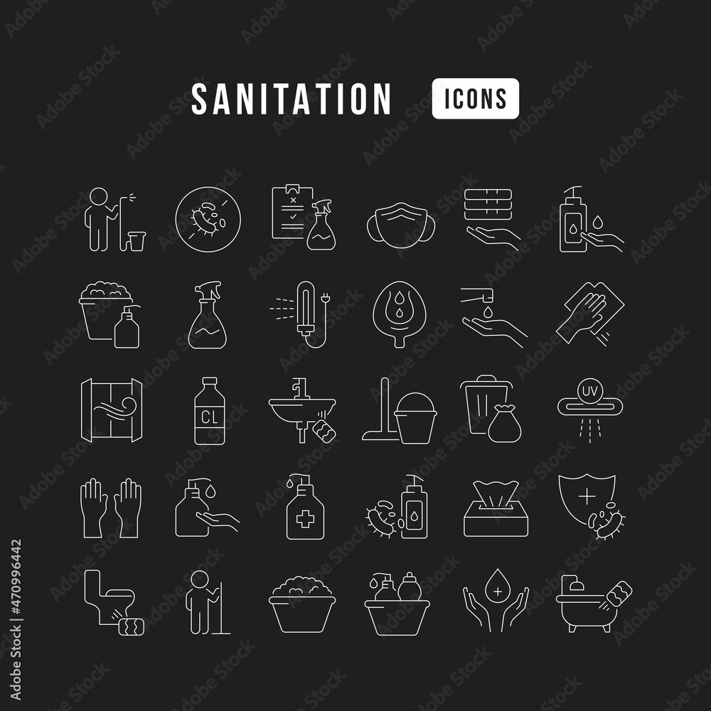 Sanitation. Collection of perfectly thin icons for web design, app, and the most modern projects. The kit of signs for category Medicine. Sanitation. Collection of perfectly thin icons for web design, app, and the most modern projects. The kit of signs for category Medicine.