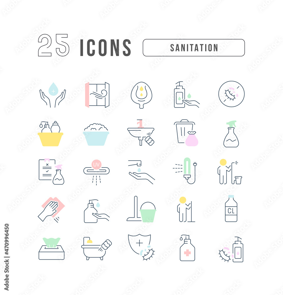 Sanitation. Collection of perfectly thin icons for web design, app, and the most modern projects. The kit of signs for category Medicine. Sanitation. Collection of perfectly thin icons for web design, app, and the most modern projects. The kit of signs for category Medicine.